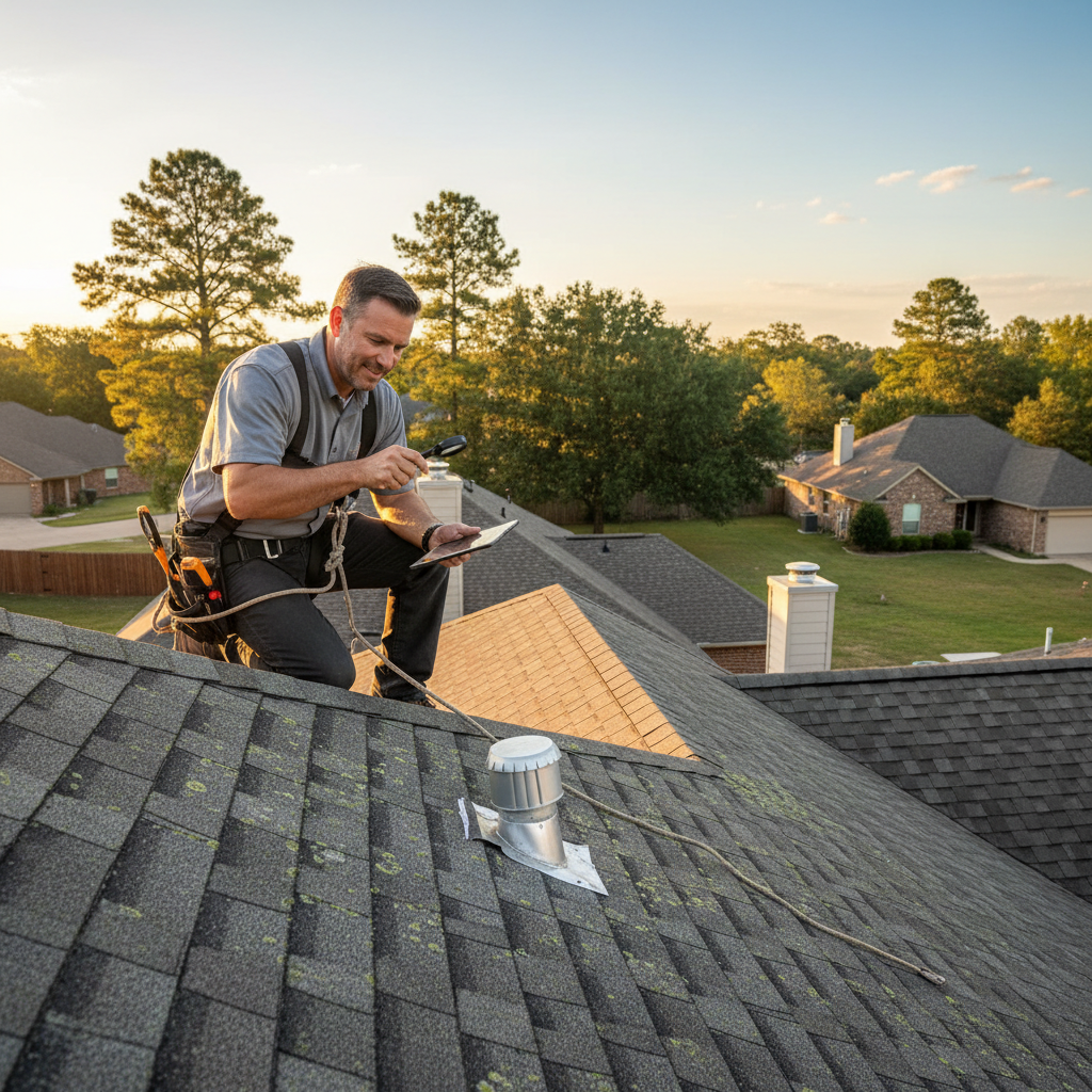 A professional roof inspector carefully examining shingles and flashing on a residential roof in East Texas