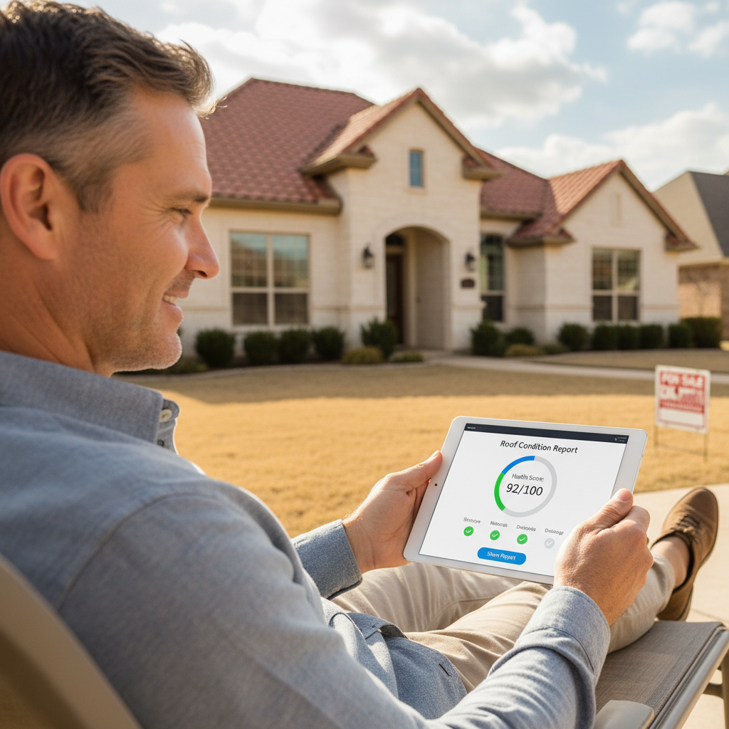 A homeowner on a tablet reviewing a clean, shareable roof condition report with a simple health score before listing their Texas home for sale