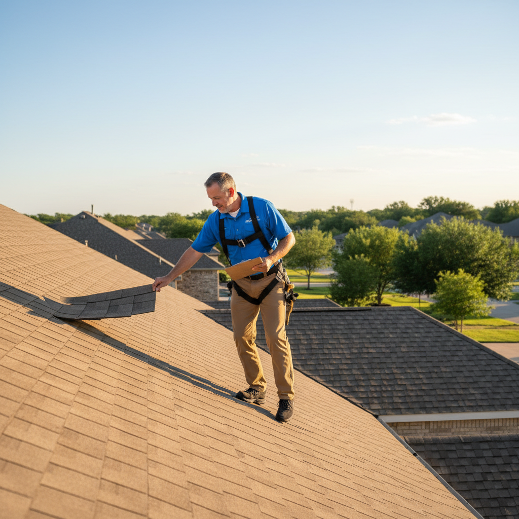 A roofing professional inspecting a residential roof with a clipboard on a sunny day in Texas