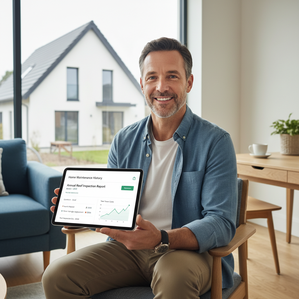 Homeowner reviewing a digital home maintenance history on a tablet, with a roof inspection report visible on screen