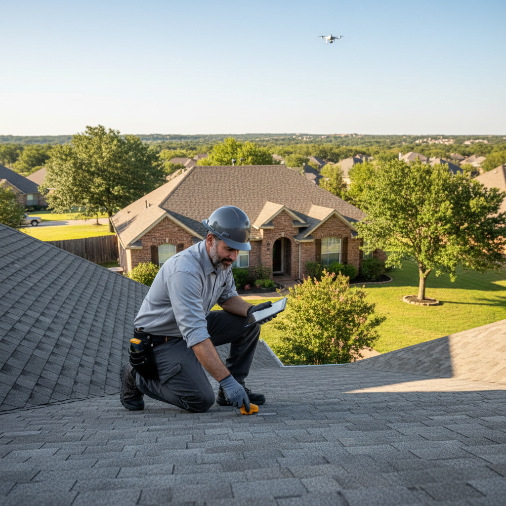 A professional roof inspector carefully examining shingles on a residential home in Tyler, Texas on a clear day