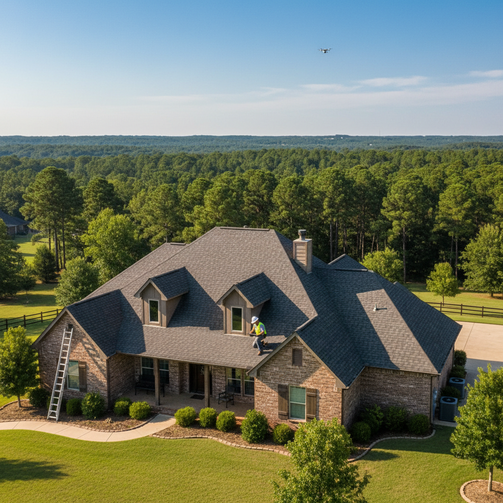 A licensed roofing inspector examining a residential roof in East Texas on a clear day