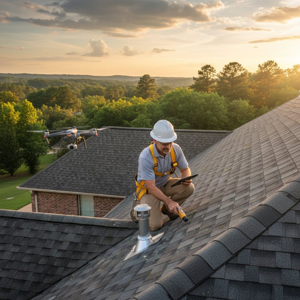 A professional roof inspector examining shingles and flashing on a residential roof in East Texas