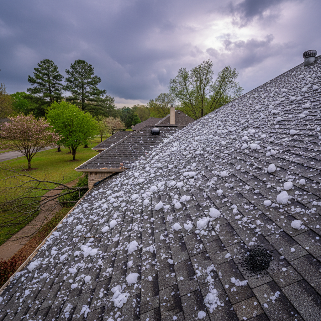 Large hailstones covering a residential roof in East Texas after a severe spring storm, with visible granule loss on asphalt shingles