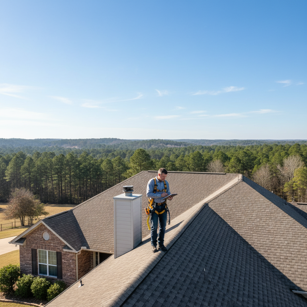 A professional roofing inspector examining a residential roof in East Texas on a clear day, clipboard in hand