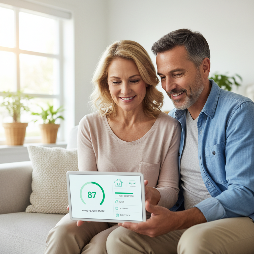 A homeowner reviews a digital home health score dashboard on a tablet showing a clear 0–100 condition score for their roof
