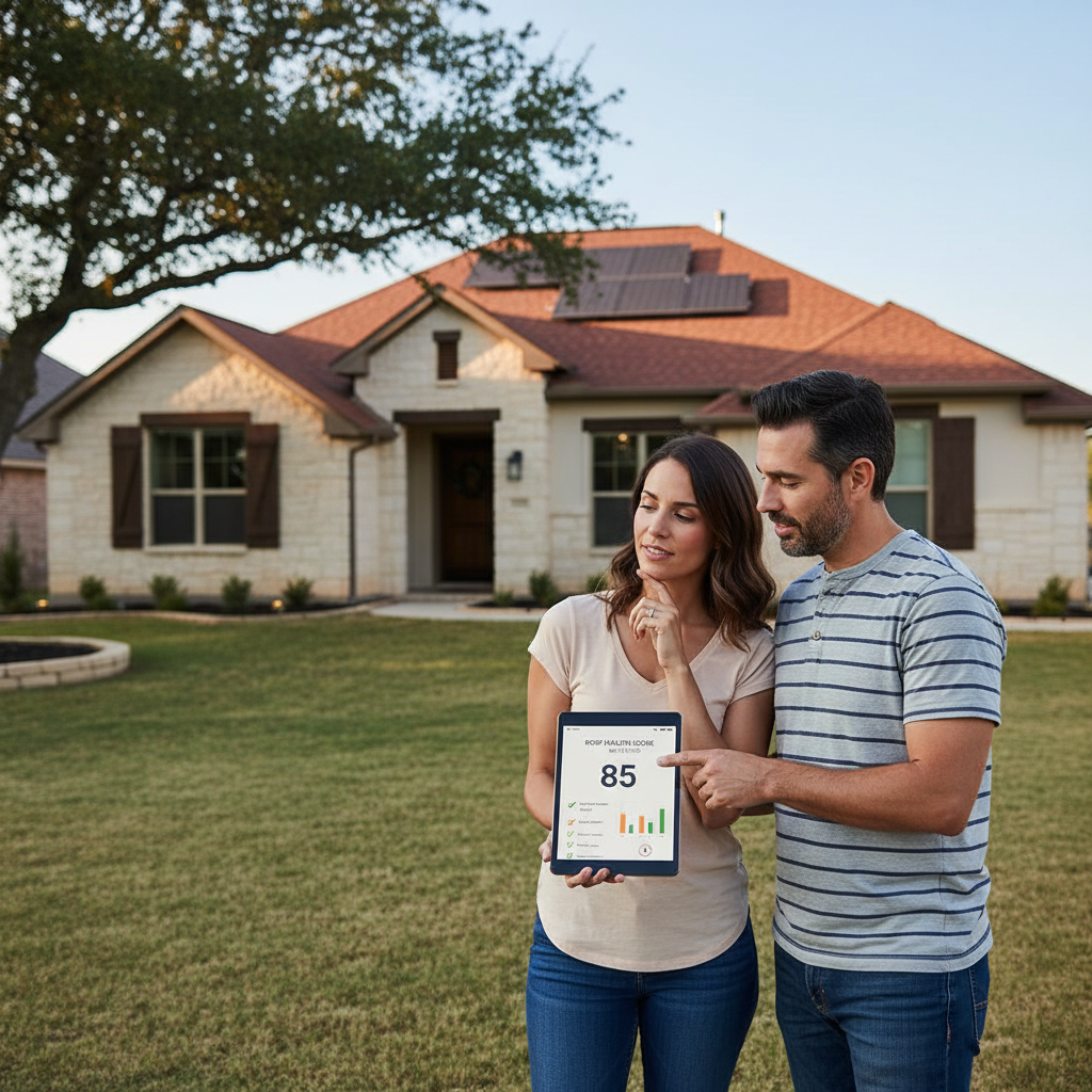 Homeowner reviewing a simple 0-100 roof health score report on a tablet while standing in front of their Texas home