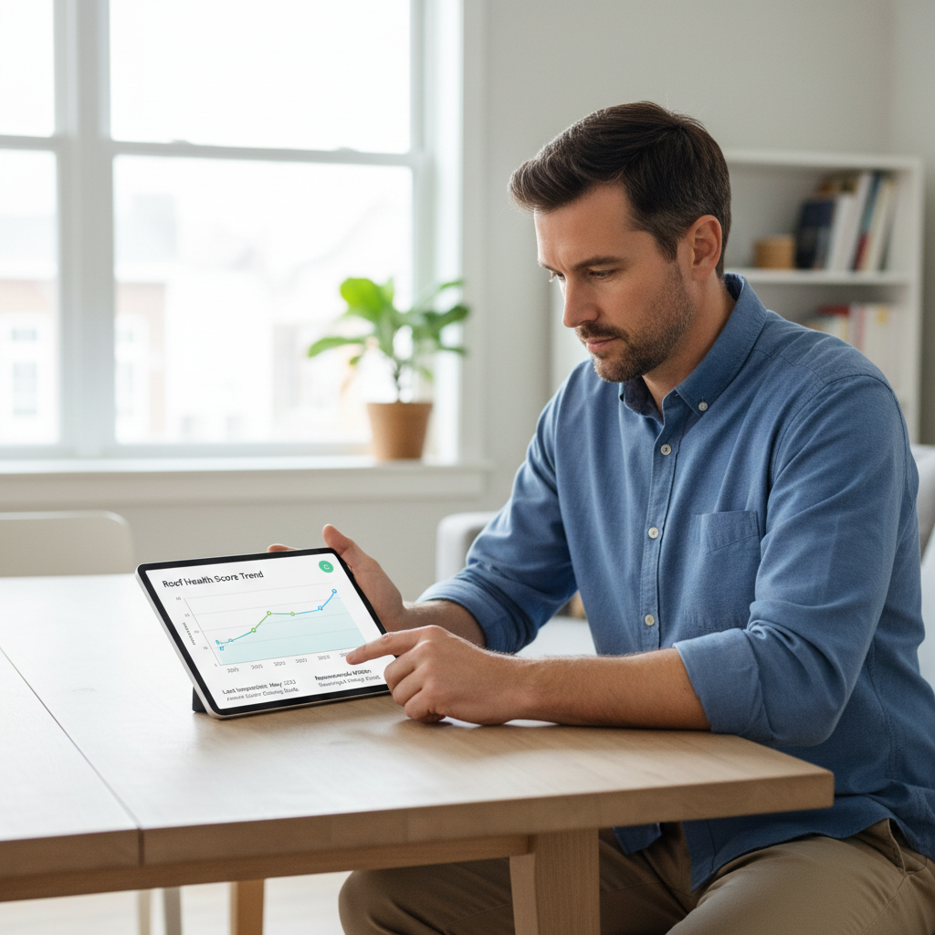 Homeowner reviewing a digital home maintenance history report on a tablet, showing a roof health score trend over multiple years