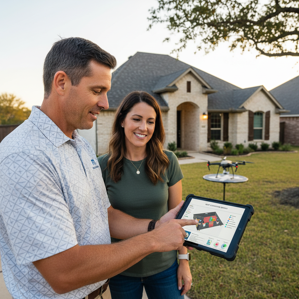 A professional roofing inspector reviewing a digital roof condition report with a homeowner on a tablet outside a home in Texas