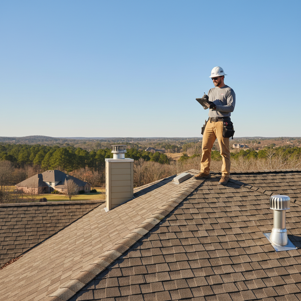 A roofing inspector on a residential roof in East Texas recording findings on a tablet, with a clear blue sky in the background