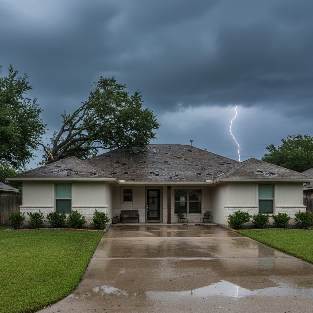 A Texas home with a shingled roof under a stormy sky, showing the impact of hail and severe weather on residential roofing