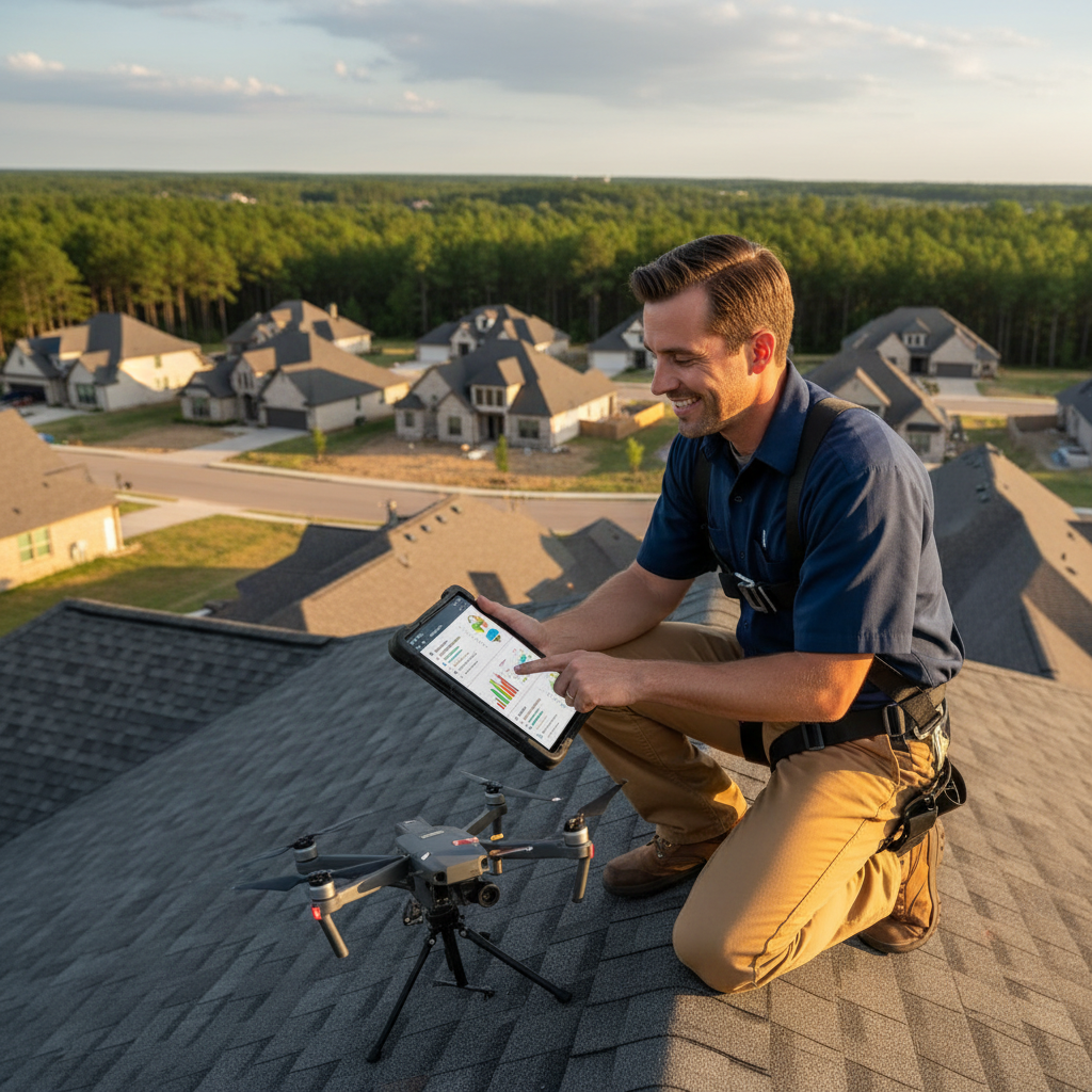 A professional roofer reviewing a tablet-based inspection report on a residential rooftop in East Texas