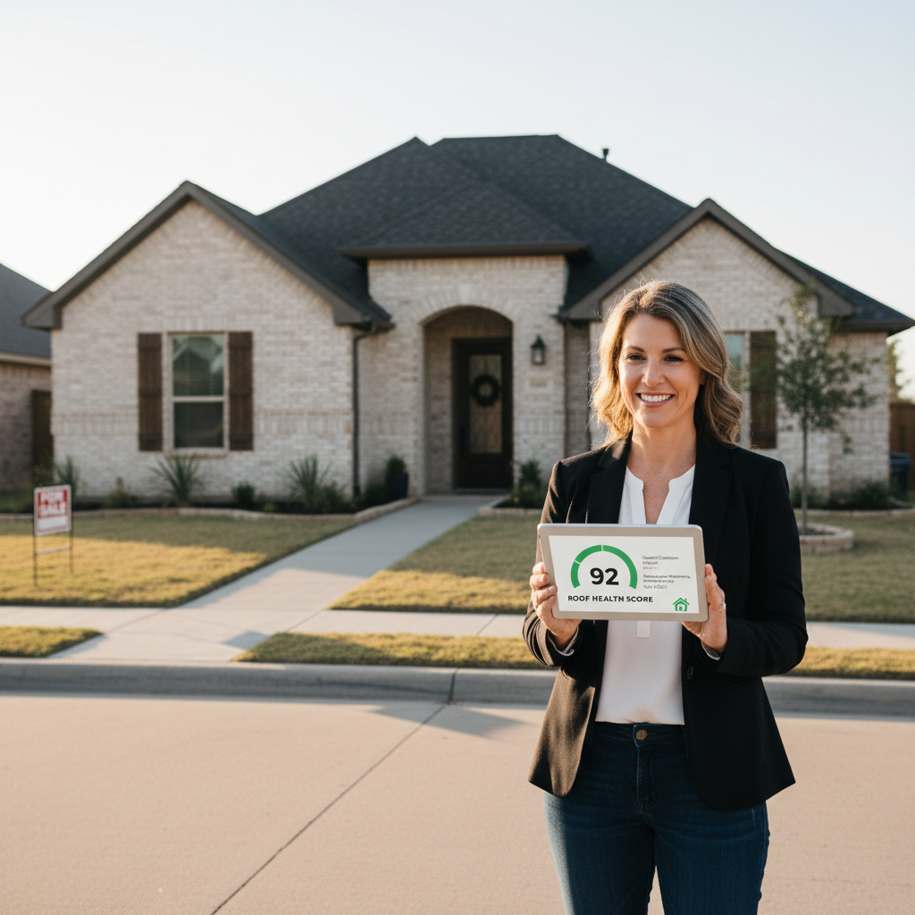 A homeowner reviewing a simple 0-to-100 roof health score report on a tablet while standing in front of a well-maintained Texas home listed for sale
