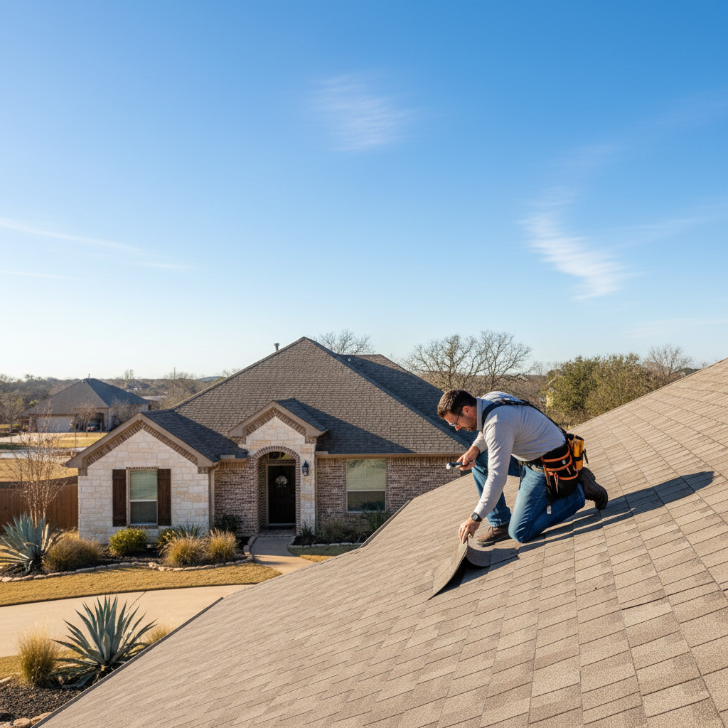 A professional roof inspector examining shingles on a Texas home on a clear day