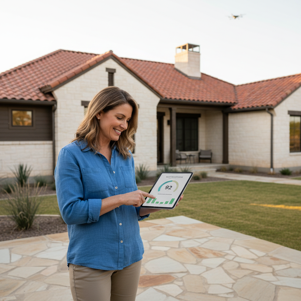 A homeowner reviewing a simple 0–100 roof health score report on a tablet while standing outside their Texas home