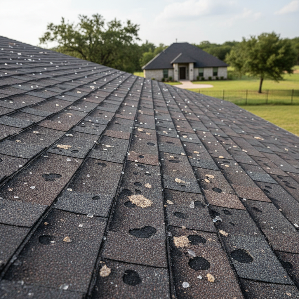 Close-up of asphalt shingles showing hail impact marks and granule loss after a Texas storm