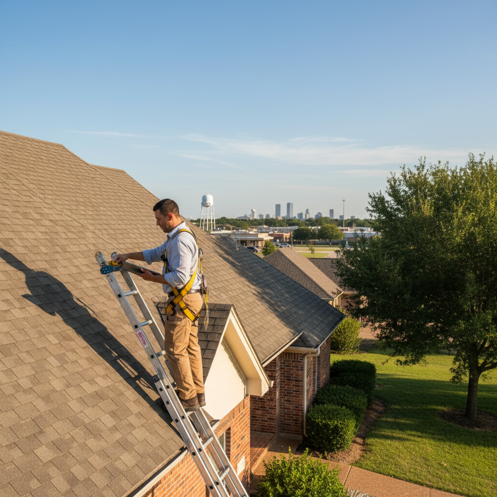 A roofing inspector examining the shingles on a residential home in Tyler, Texas on a clear day