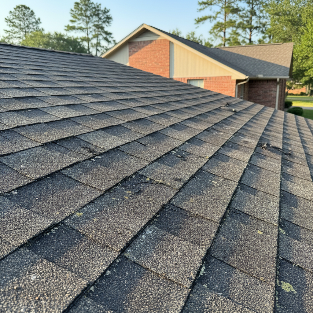 Close-up of weathered asphalt shingles on an East Texas home showing granule loss and UV damage from summer heat and humidity
