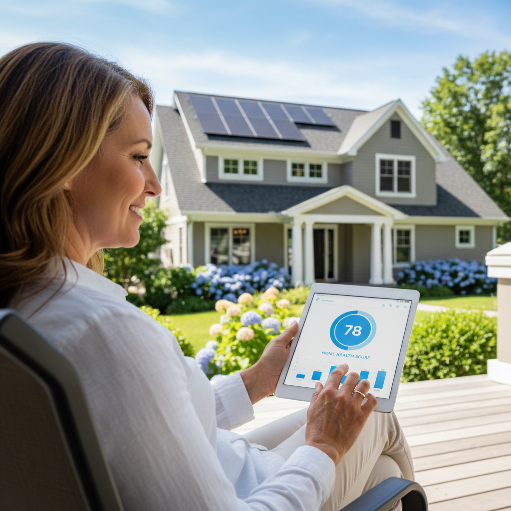 A homeowner reviewing a simple 0–100 home health score on a tablet, with a well-maintained house roof visible in the background