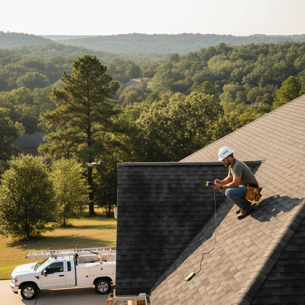 A professional roofing inspector examining a residential roof in East Texas on a sunny day