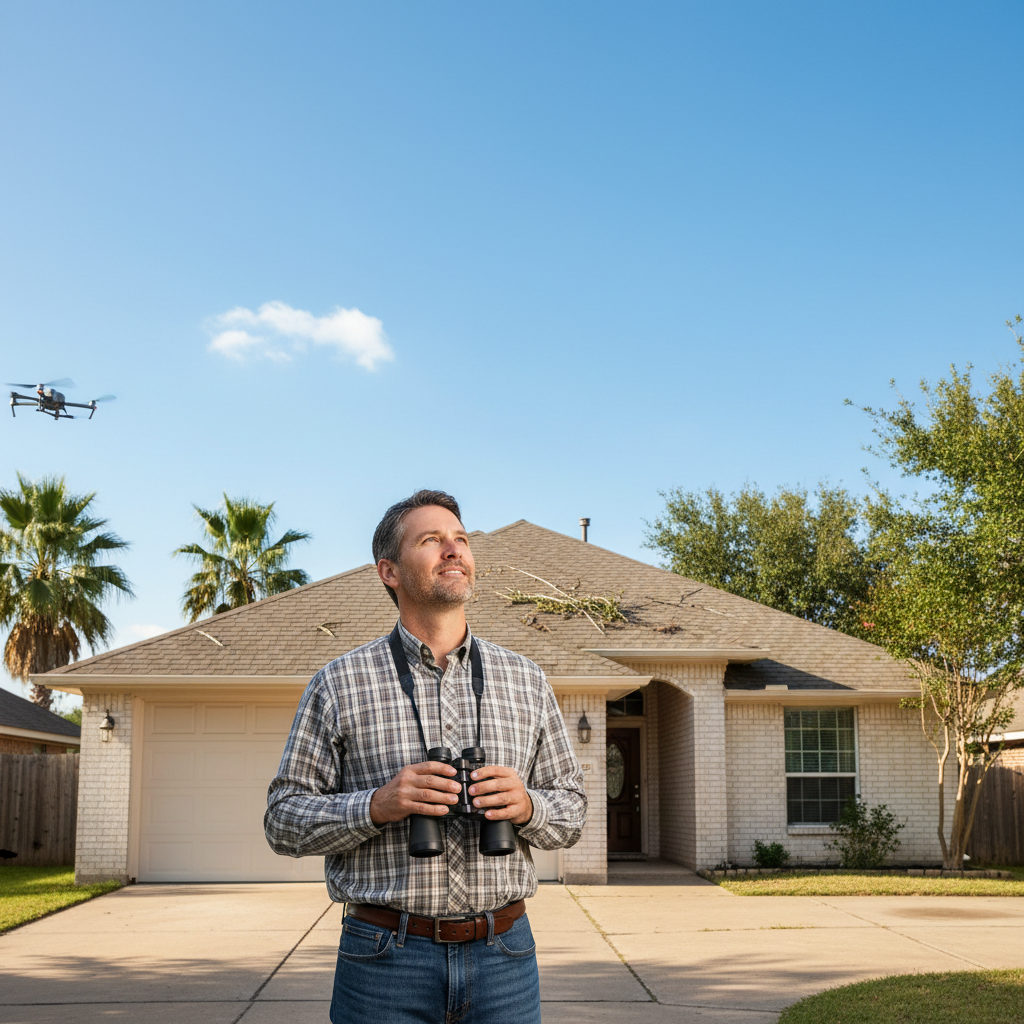 Texas homeowner looking up at a residential roof after a storm, with clear blue sky in the background