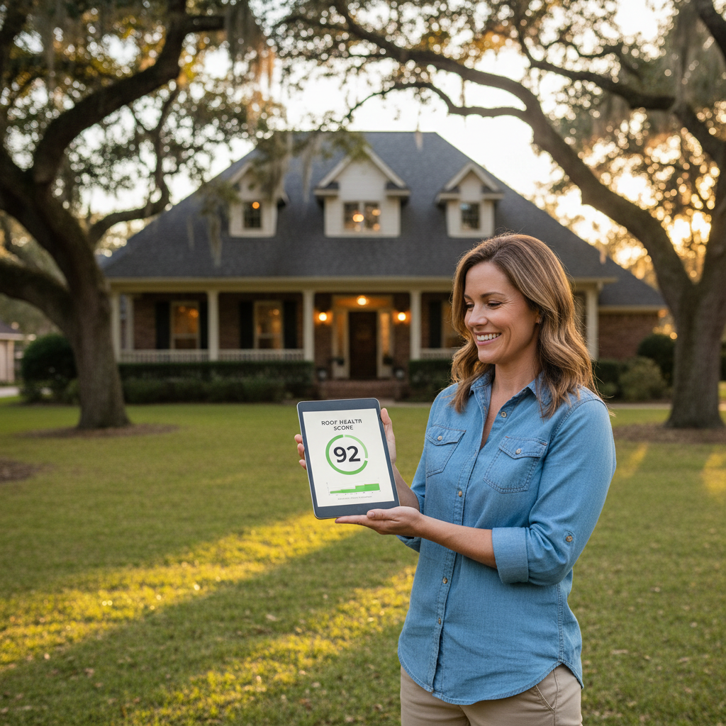 A homeowner reviewing a simple 0 to 100 roof health score on a tablet while standing in front of their home in East Texas