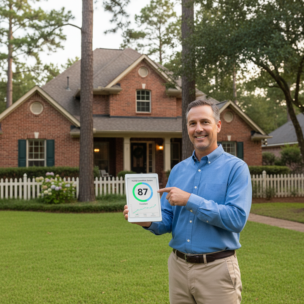 Homeowner reviewing a digital home condition score on a tablet while standing outside their house in East Texas