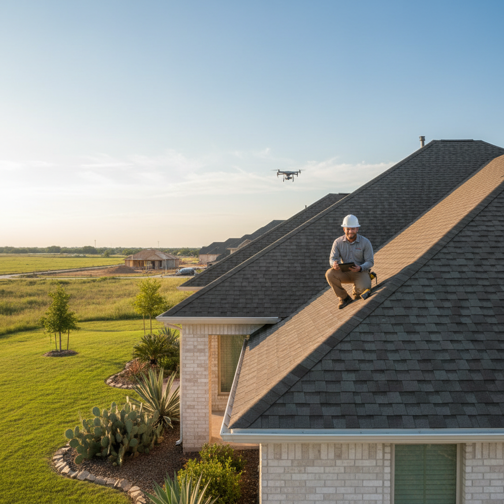 A professional roofing inspector examining a residential roof in Texas before a home is listed for sale