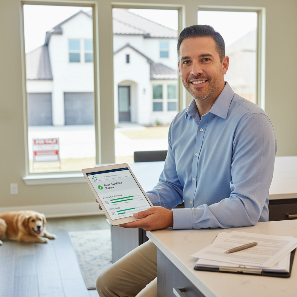 Texas homeowner reviewing a roof condition report on a tablet before listing their home for sale