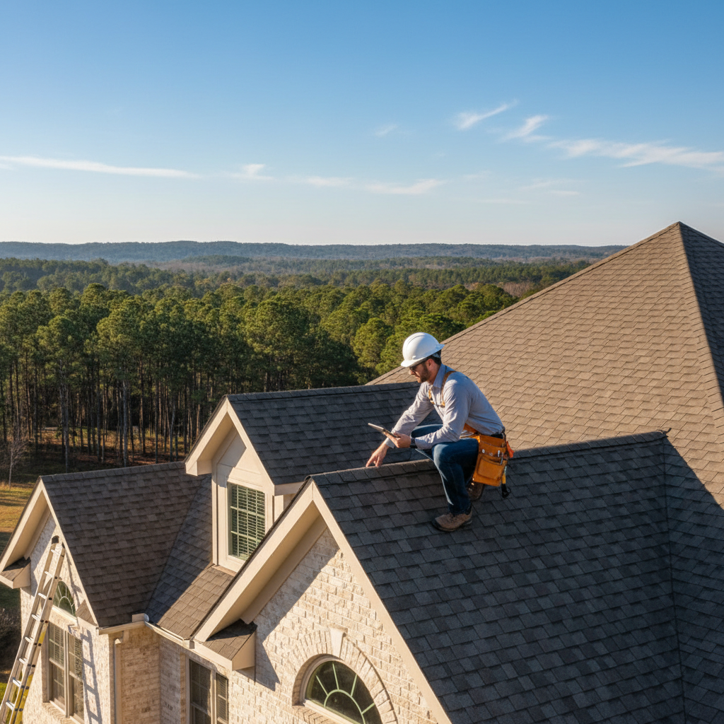 A professional roofing inspector examining a residential roof in East Texas on a clear day
