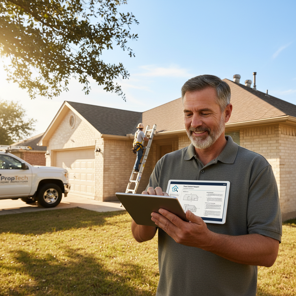 Texas homeowner reviewing a roof inspection report on a tablet while standing outside their home on a sunny day