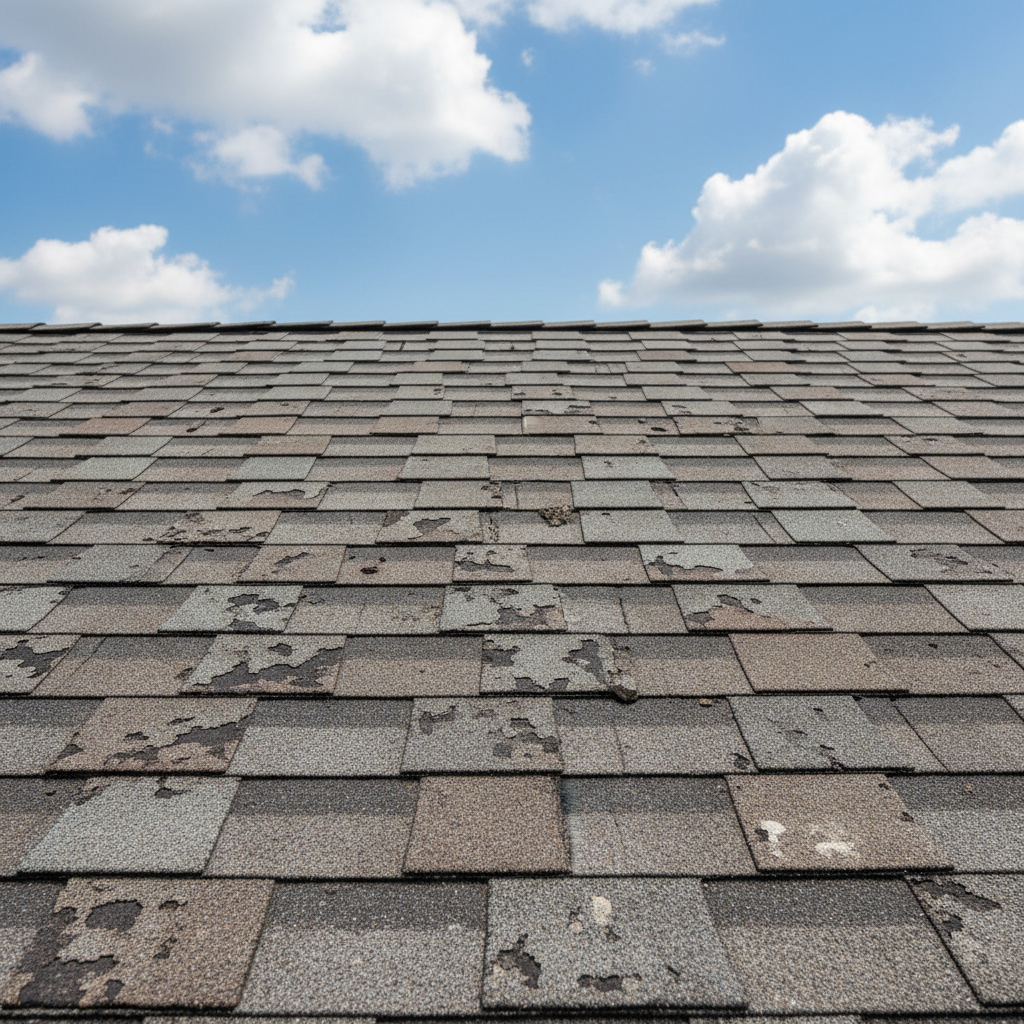 A close-up of weathered asphalt shingles on an East Texas home roof showing granule loss and sun damage against a partly cloudy sky