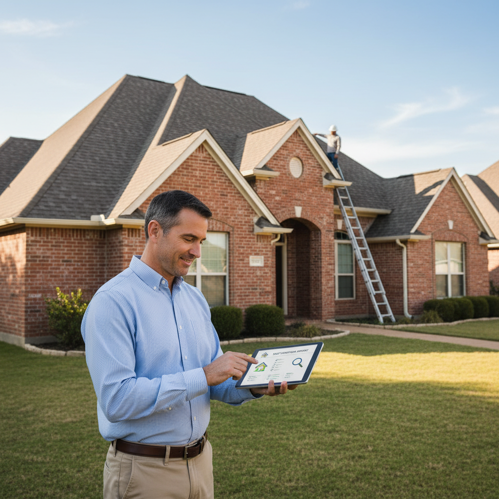 A Texas homeowner reviewing a roof inspection report on a tablet while standing in front of a brick home with an asphalt shingle roof