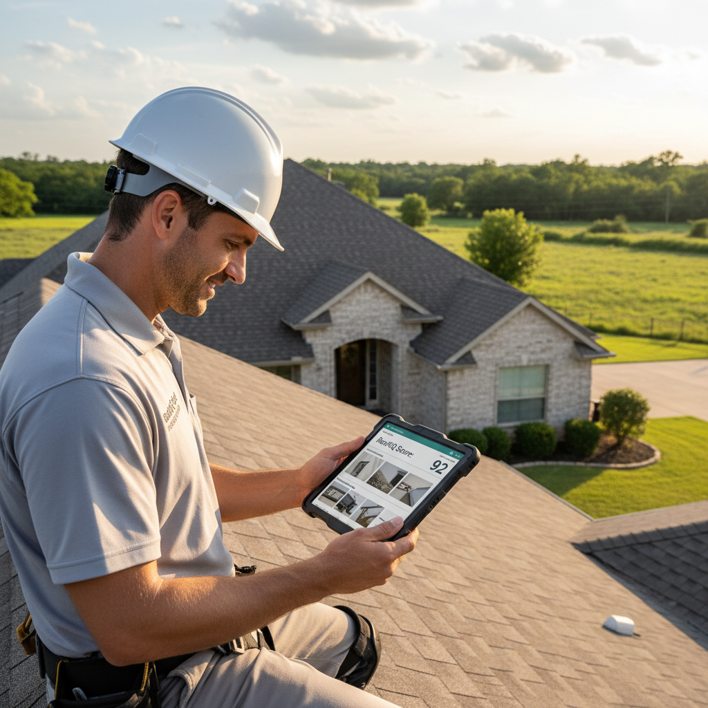 A roofing contractor on a residential roof in East Texas reviewing a digital inspection report on a tablet showing a RoofIQ score