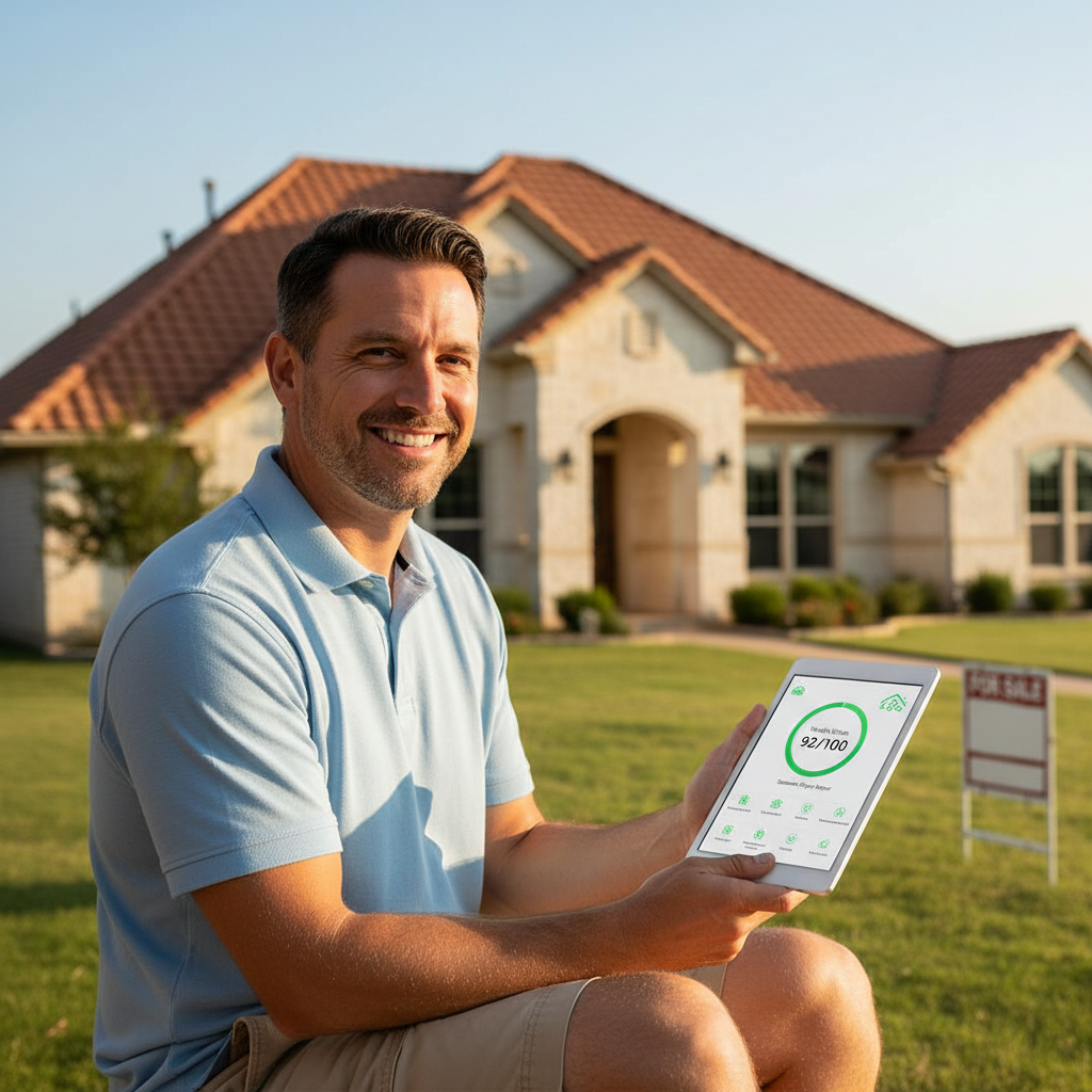 A homeowner on a tablet reviewing a shareable digital roof condition report with a clear health score before listing their Texas home for sale