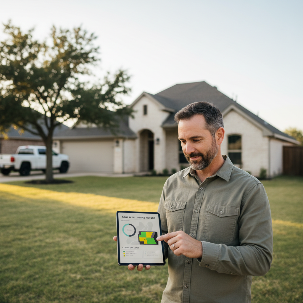 Texas homeowner reviewing a digital roof condition report on a tablet while standing in front of their home