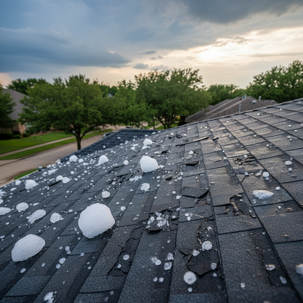 Large hailstones on the surface of a damaged asphalt shingle roof in Texas after a severe thunderstorm