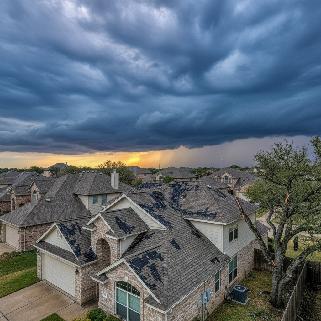 Dark storm clouds over a Texas neighborhood with visible hail damage on a residential asphalt shingle roof