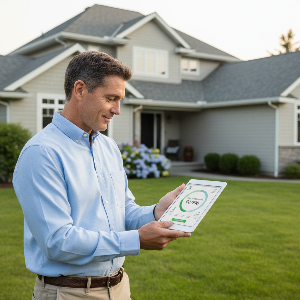 A homeowner reviewing a clean digital roof health score report on a tablet while standing in front of their home