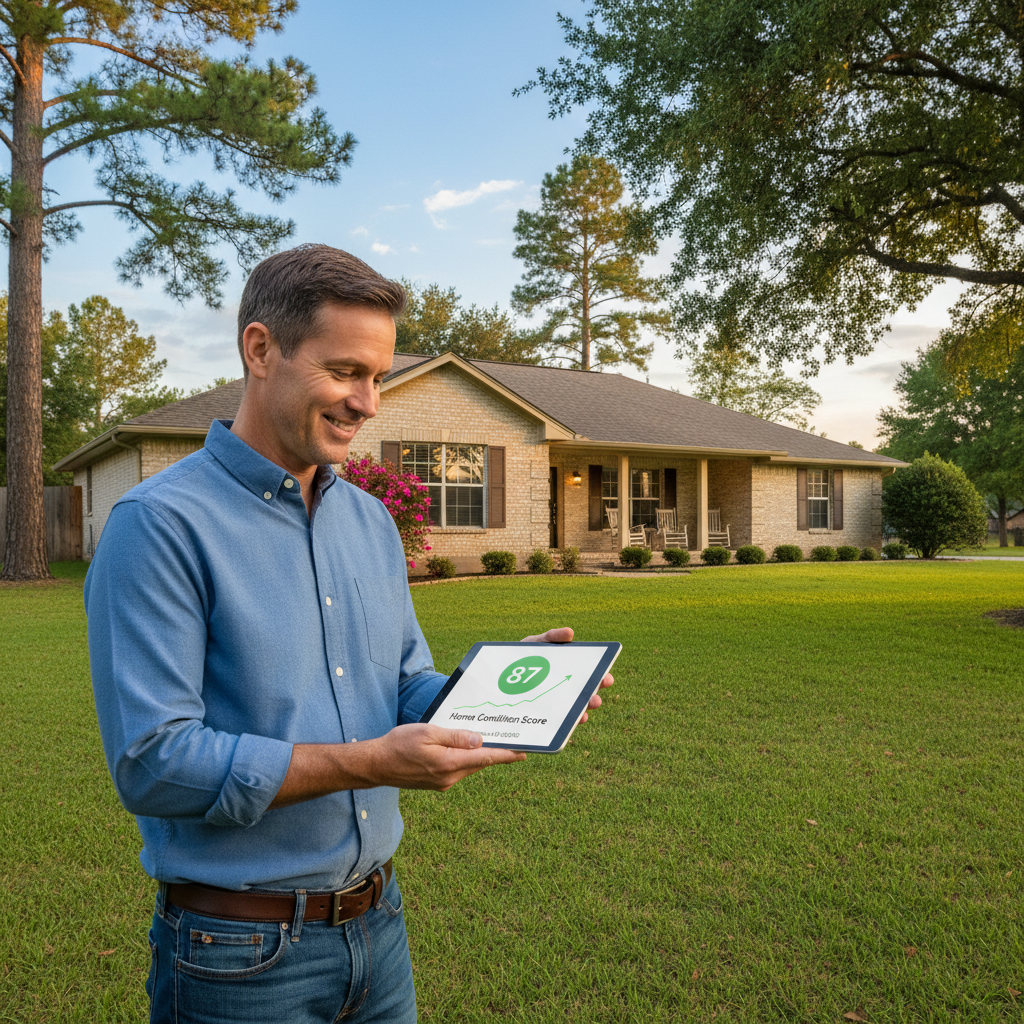 A homeowner reviewing a digital home condition score on a tablet while standing in front of their house in East Texas