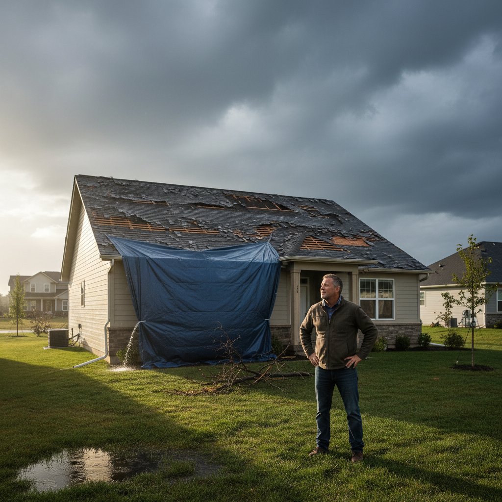 A homeowner looking up at a damaged roof with missing shingles after a Texas storm, illustrating the cost of delaying roof repairs