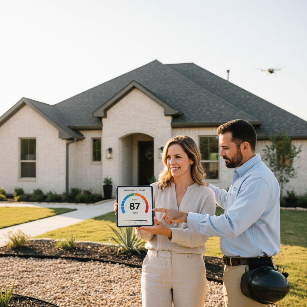 A homeowner reviewing a simple 0-100 home health score on a tablet next to a professional roof inspector outside a Texas home