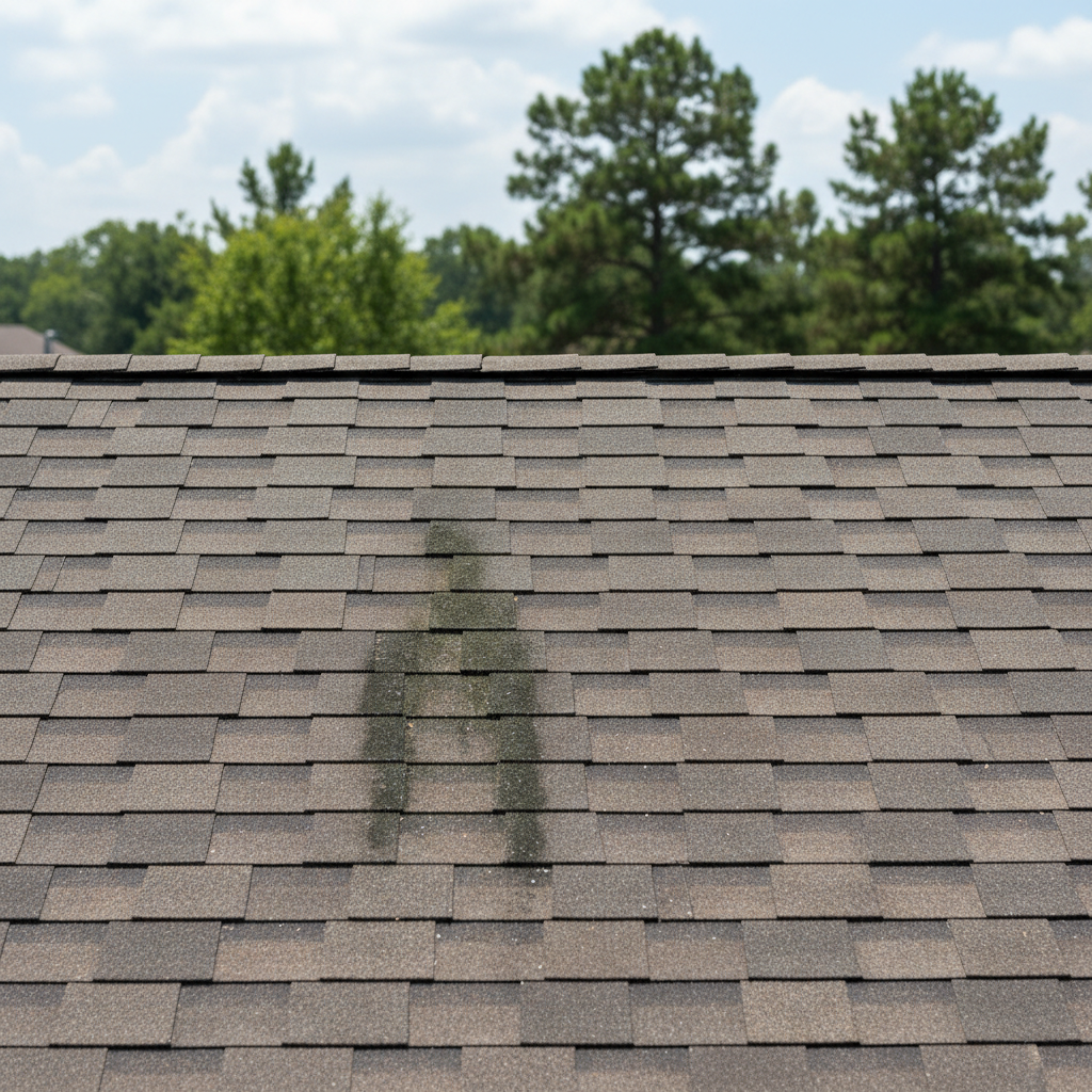 Close-up of weathered asphalt shingles on an East Texas home showing granule loss and algae streaks from humidity exposure