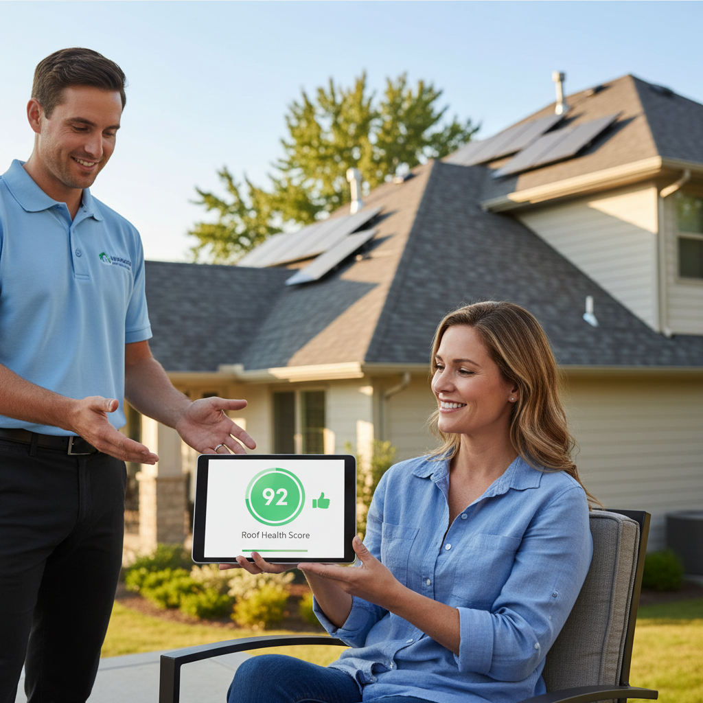 Homeowner reviewing a simple 0-to-100 roof health score on a tablet, with a residential roof visible in the background