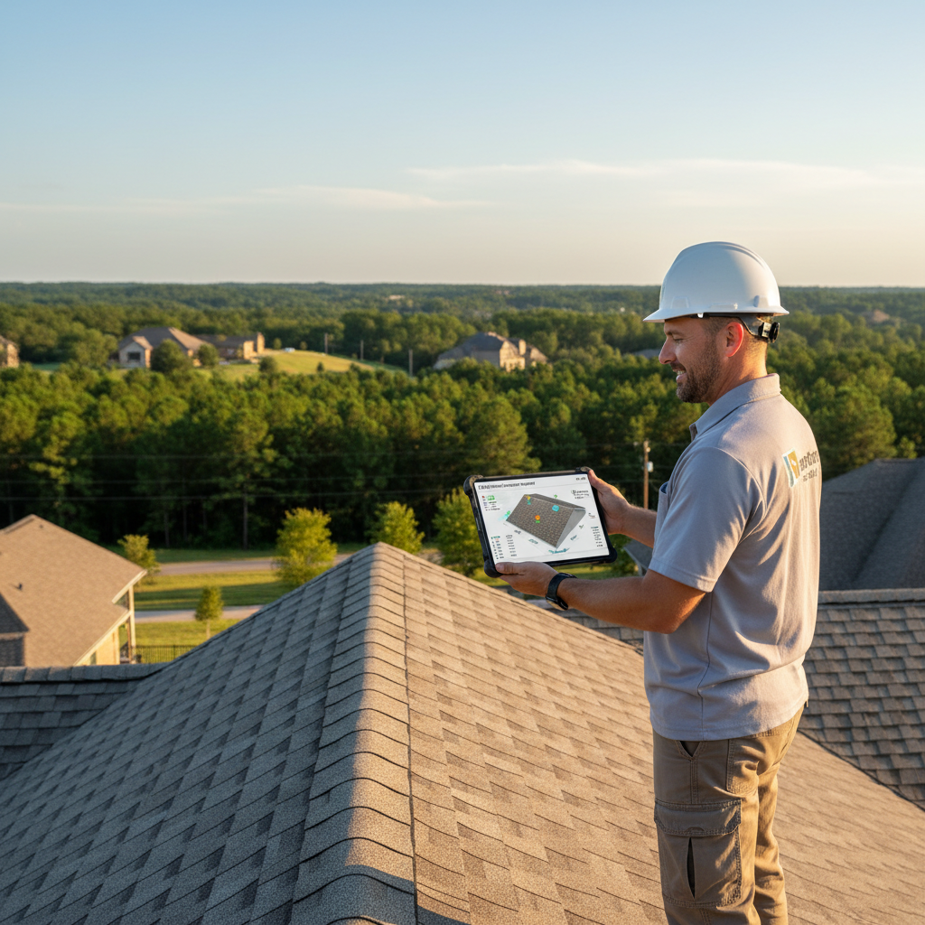 A professional roofer reviewing a digital roof inspection report on a tablet while standing on a residential rooftop in East Texas