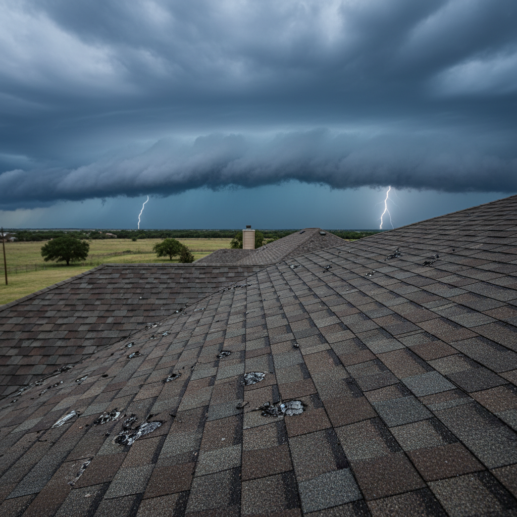 Close-up of hail damage on asphalt shingles with a dark stormy Texas sky in the background