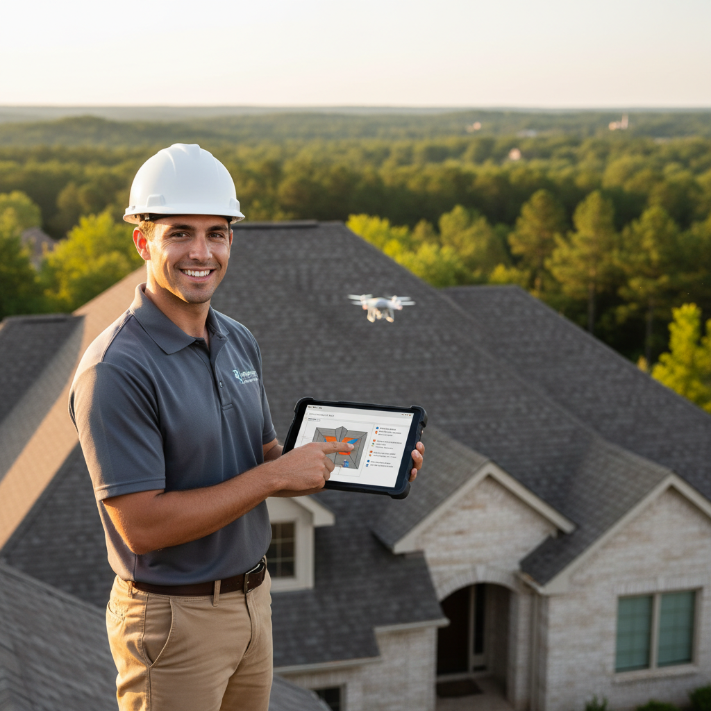 A roofing inspector reviewing a clean, standardized digital roof condition report on a tablet at a residential property in East Texas