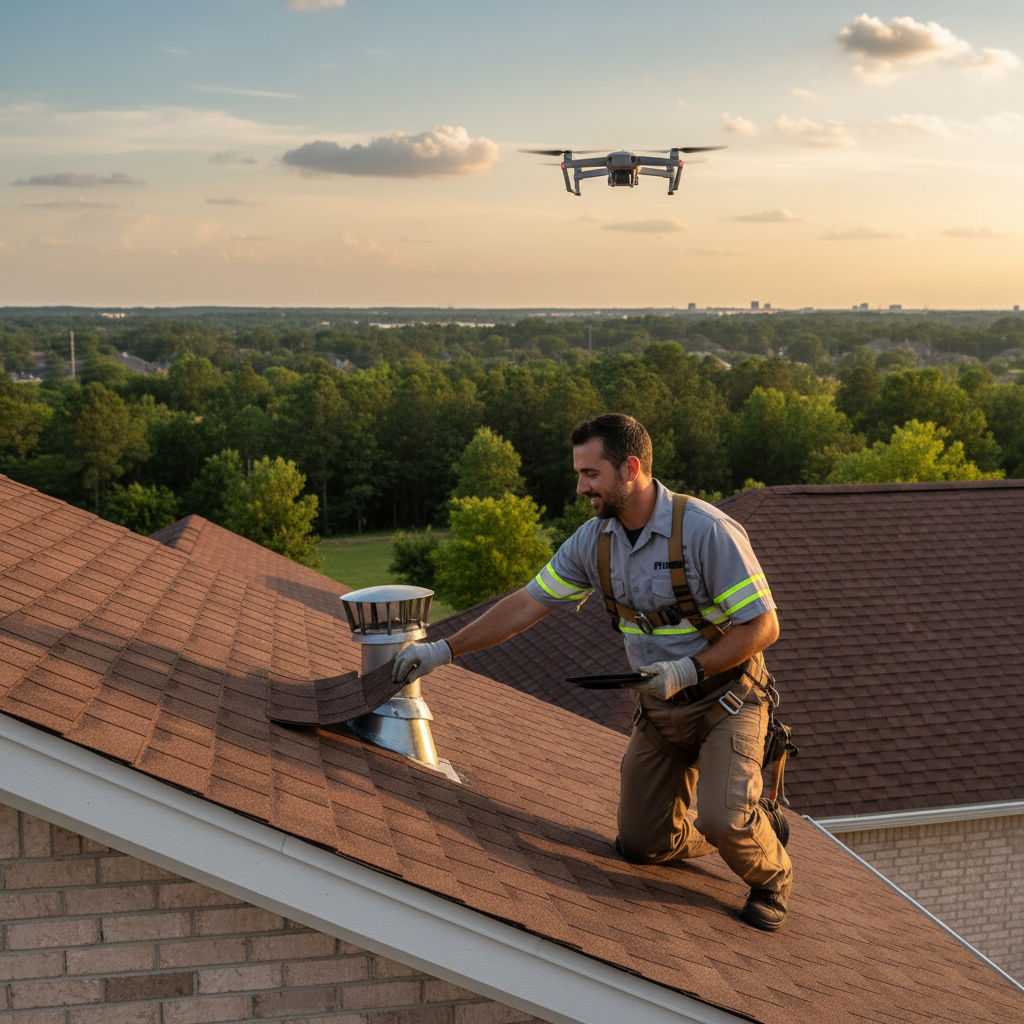 A professional roof inspector examining shingles and flashing on a residential roof in East Texas