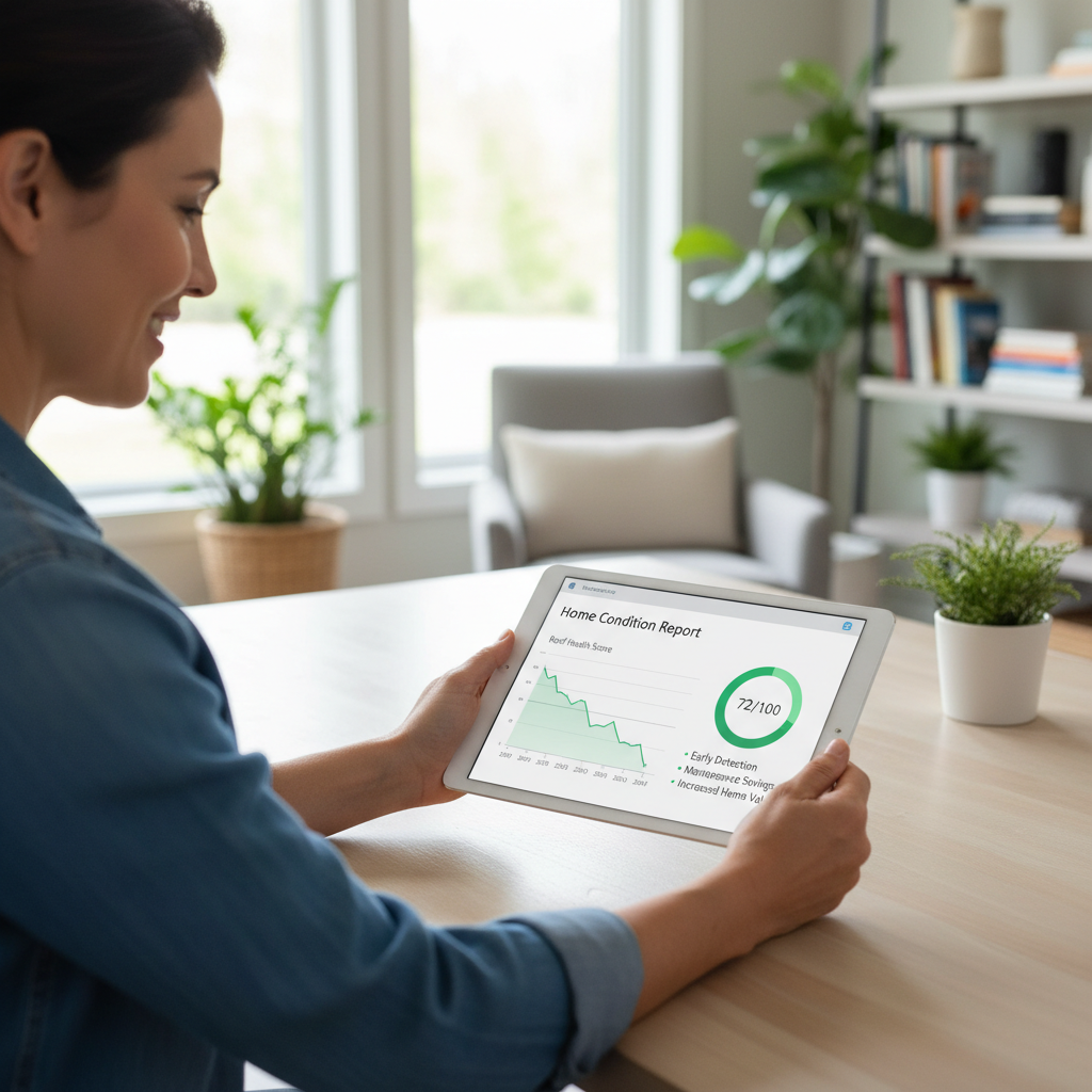 Homeowner reviewing a digital home condition report on a tablet showing a roof health score trend over multiple years