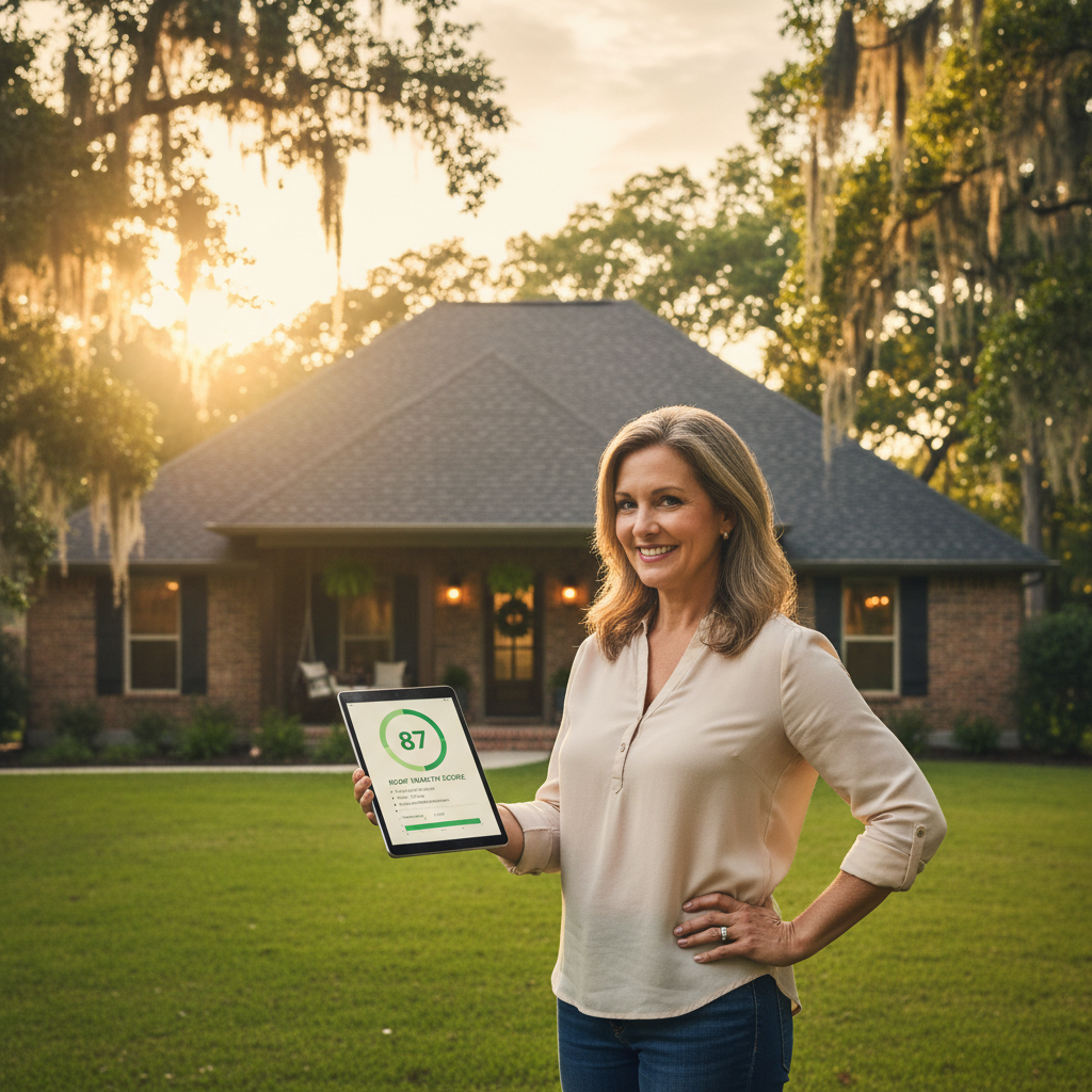 A homeowner reviewing a simple 0–100 roof health score report on a tablet while standing in front of their home in East Texas